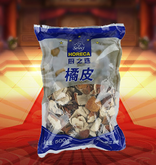 厨之选(HORECA SELECT)橘皮产自浙江台州500g每袋，本产品精心挑选上等的橘皮等原材料制作而成，品质纯正天然，让您食用的放心。本产品采用的是塑料质地包装，简洁大方，食用简单，是您厨房的好帮手。本产品加入到菜肴中去可以让其味道浓郁，口感醇厚鲜香，给您带来美妙的味觉盛宴。